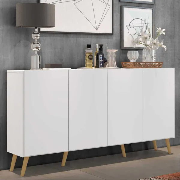 Aparador buffet balcão 4 portas com pés retrô, multiuso, Veneza Multimoveis