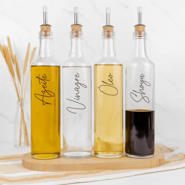 Galheteiros de Vidro 525ml com Bico Dosador Cortiça para Azeite, Vinagre, Óleo, Shoyu e Pimenta / Variações e Kit