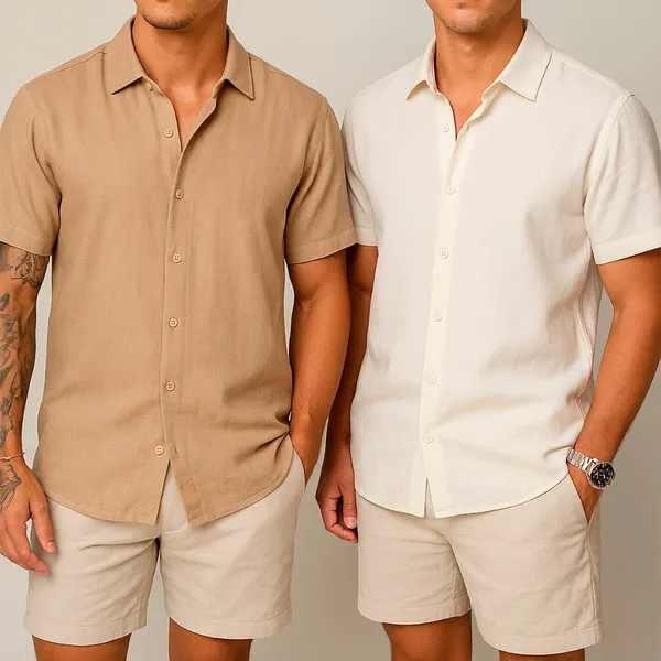 Kit 2 Camisas de linho masculina para verão praia, manga curta, fresca