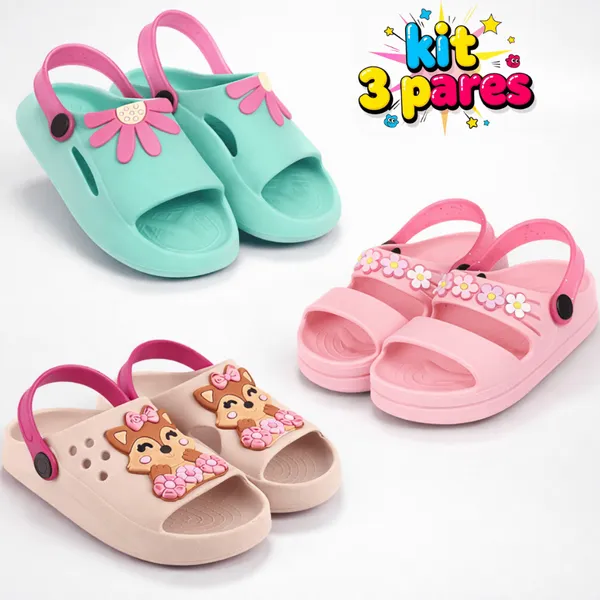 Kit 3 Pares Sandália Papete Infantil Menina