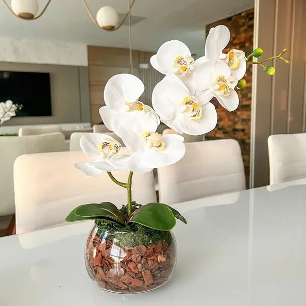 ARRANJO ORQUÍDEA ARTIFICIAL BRANCA VASO DE VIDRO INCOLOR