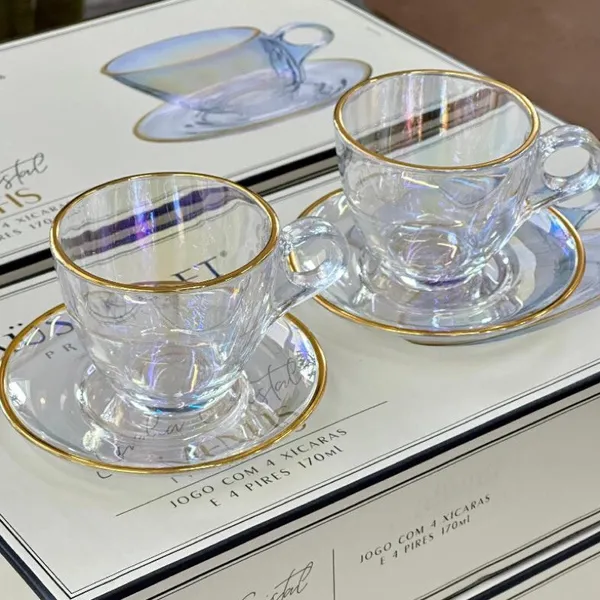 Jogo de Xícara de Luxo Vidro com Borda Dourada e Pires Hauskraft Premium 85ml/170ml