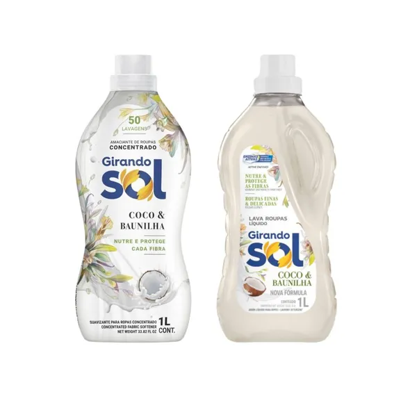 Kit Lava Roupa Sabão Líquido 1L Amaciante Concentrado 1L Coco Baunilha Hipoalergênico -Girando Sol