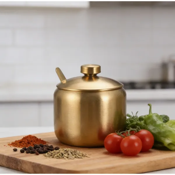 Açucareiro de aço inox dourado com colher e tampa