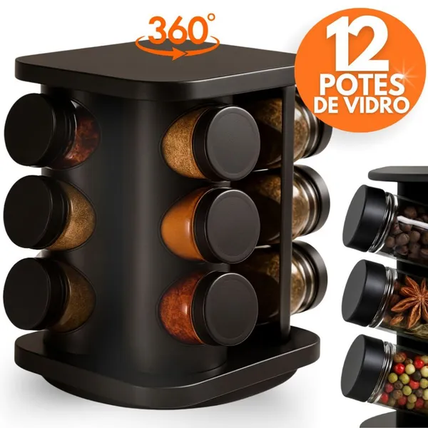 Porta Temperos Profissional Giratório 12 Potes Vidro OFERTA Tampa Dosadora Organizador Condimentos