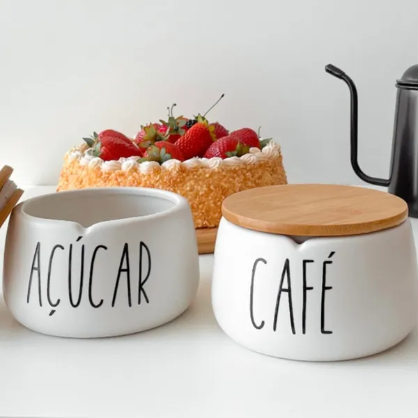 Pote para Cozinha Porta-Tempero Hermético de Cerâmica com Tampa de Bambu 600ml