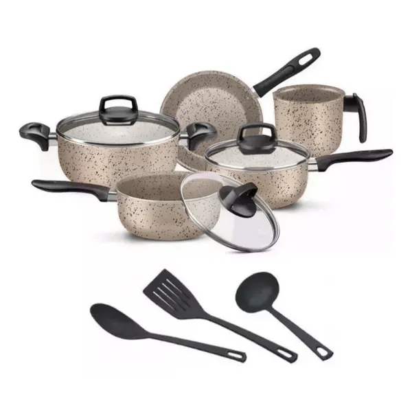 Jogo De Panelas 8 Peças Teflon Antiaderente Frigideira Caçarola Fervedor Talheres Tampa De Vidro