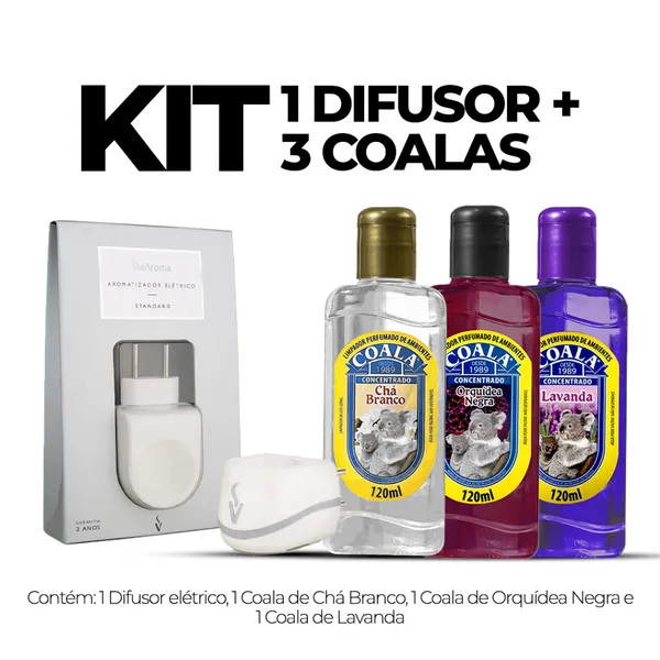 Kit Difusor Aromatizador Elétrico Standard Bivolt Via Aroma + Limpador Coala Concentrado 120 ml