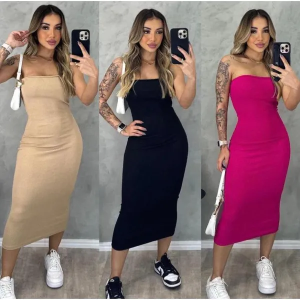 Vestido Feminino Midi Tomara que Caia Canelado Elegância E Conforto Em Um Único Vestido Tubinho
