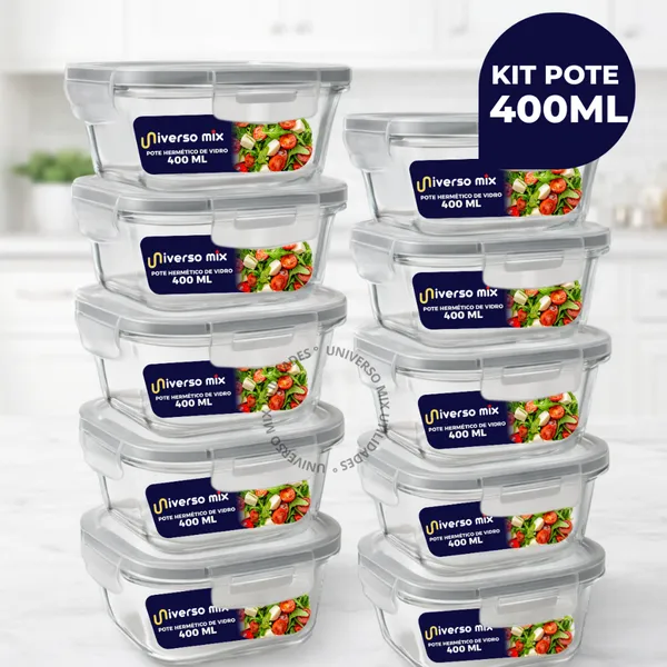 Kit 10 ou 5 Potes Vidro Hermético 400ml Quadrado Marmita Fitness