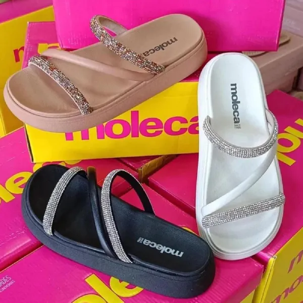 Sandália feminina Papete Moleca brilho pedrinhas Strass tendência, original, mais de 10Mil vendidos