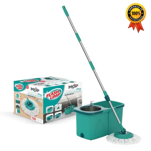 Mop Giratorio Pro duas aguas, balde com 9 litros, Cesto Inox e Divisor de agua, MOP7824, Flash Limp