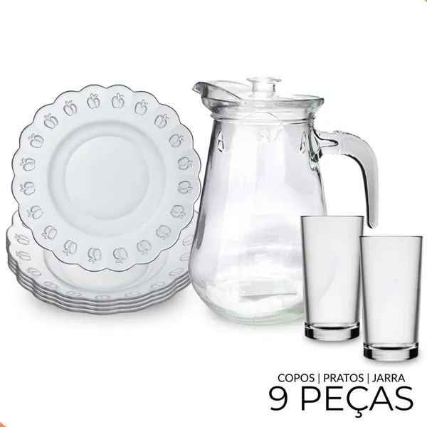 Aparelho de Jantar em Vidro 9 Peças com Jarra – Pratos e Copos Elegantes para Mesa Posta