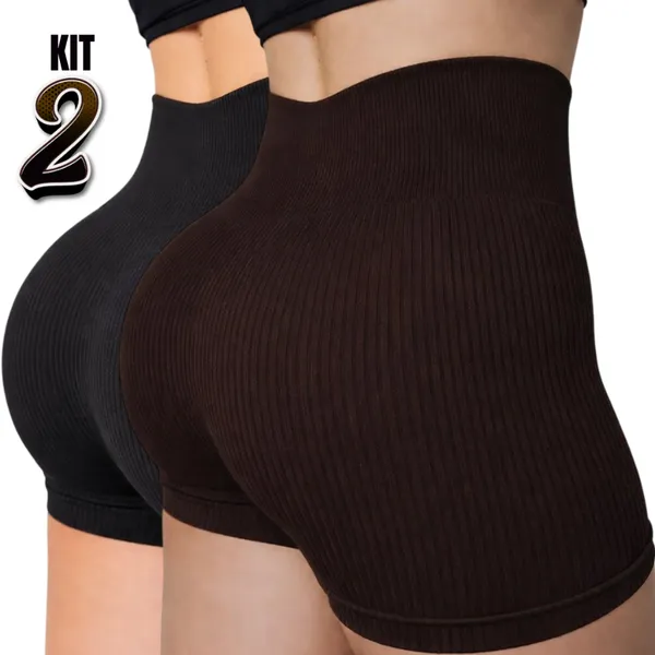 Kit 1/2/3 Short Feminino Fitness Cintura Alta Canelado Secagem Rápida Zero Transparente Esportivo