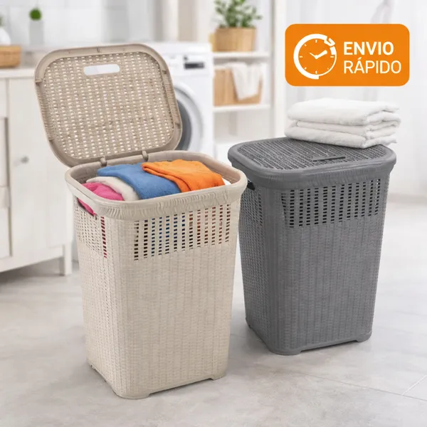 Cesto de Roupa Rattan 50L com Tampa Basculada Grande Lavanderia Premium