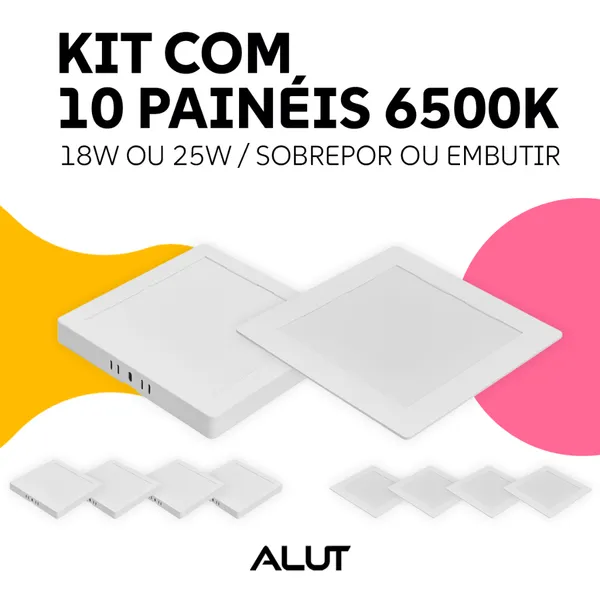 Kit 10 Painel Led Plafon 18w ou 25w 6500k Branco Frio Bivolt Embutir/Sobrepor Branco Alut By Avant