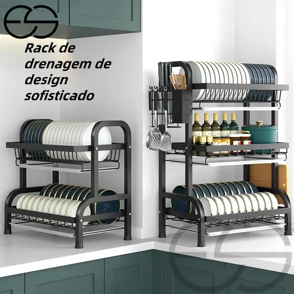 Escorredor Organizador de Louças 2 andar 3 andar Preto Aço Inoxidável Rack ES