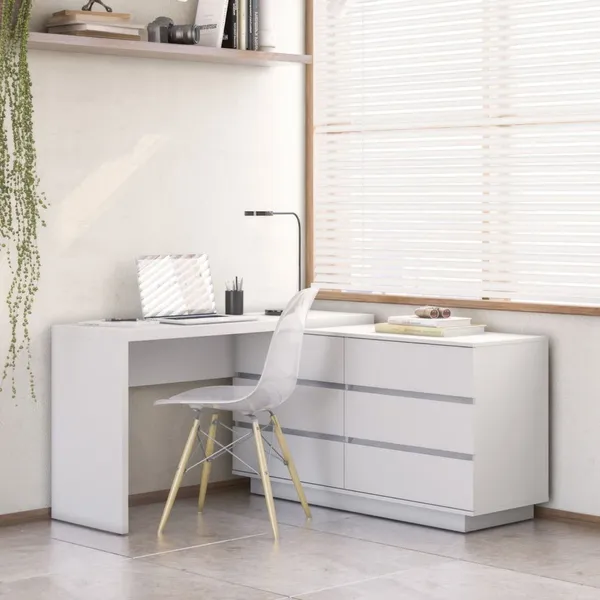 Escrivaninha em L ou Reta 140cm 6 Gavetas Oring CabeCasa MadeiraOriginals Branco