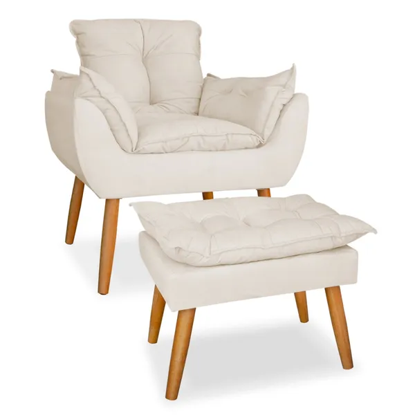 Kit Poltrona + puff, pés palito, em suede