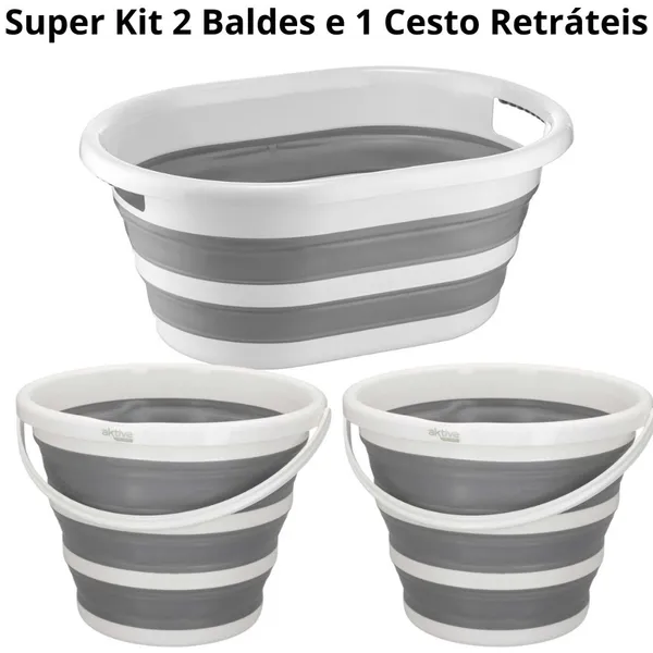 Kit Com 1 Cesto De 26 Litros Retrátil de Silicone E 2 Baldes De 10 Litros Retrátil Dobrável Silicone Powermaid