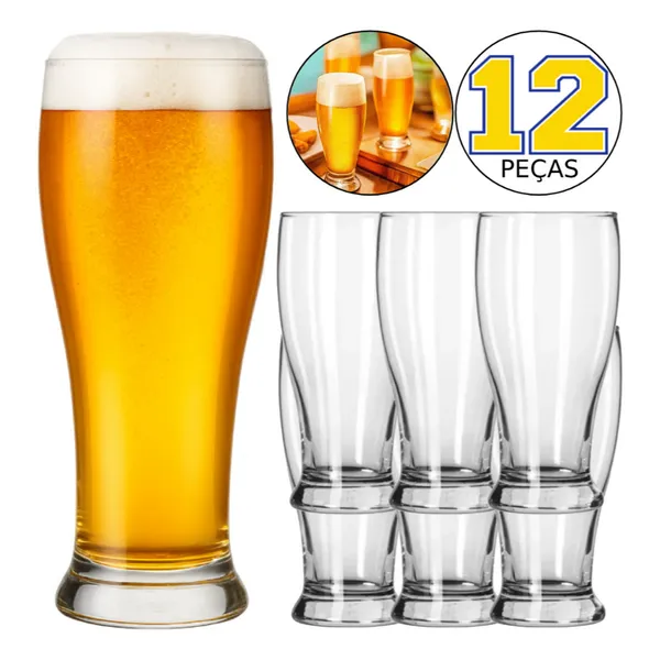 Copo Tulipa Vidro Jogo 12 Copos 350ml - Taça Chopp Transparente