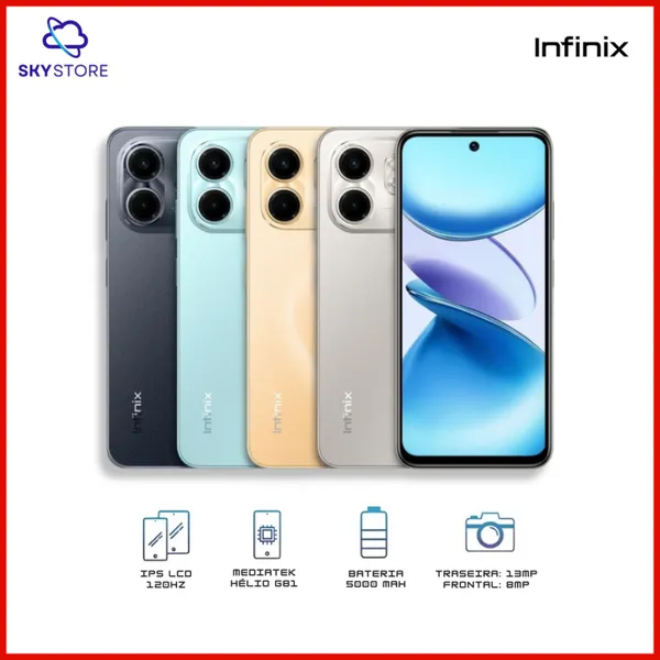 Infinix Smart 9 e Smart 10 128GB 4GB RAM, Processador Mediatek Hélio G81, Bateria 5000MAH, Versão global, Lacrado