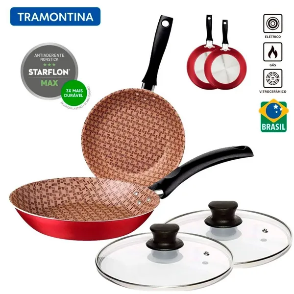 Jogo de Frigideiras com tampa Tramontina Turim em Alumínio Antiaderente Vermelho 2 Peças