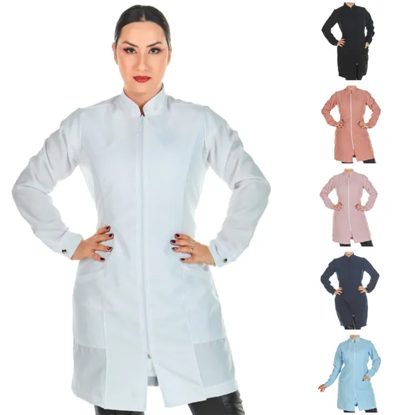 Jaleco Feminino Acinturado Oxford Manga Longa Com Zíper Gola Padre Várias Cores Estética Enfermagem