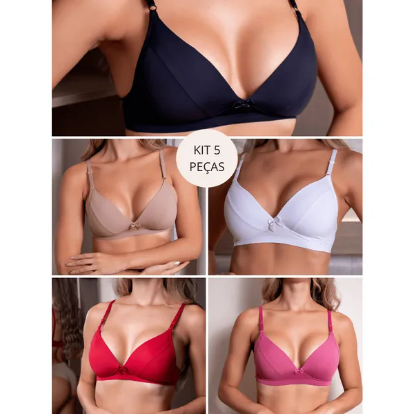 Kit 5 Peças - Sutiã Com Bojo Fernanda Soft Confortável Alça Regulável Atacado