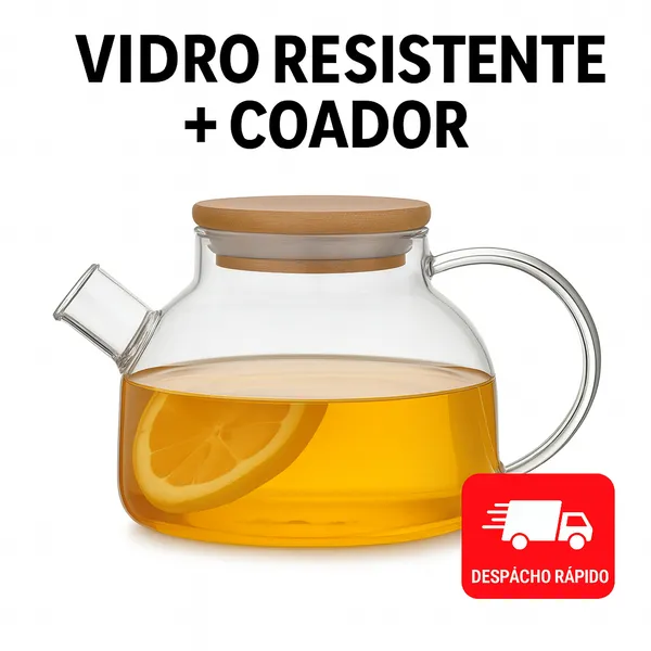 Chaleira Bule de Vidro Borossilicato 1L com Tampa de Bambu e Coador Infusor de Inox