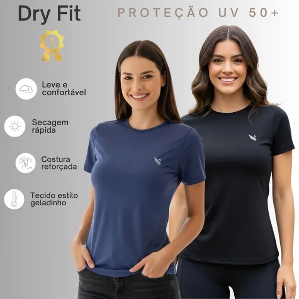 Kit 2 Camiseta Feminina Dry fit Blusas Camisas Para Academia Uv 50 do P ao G2
