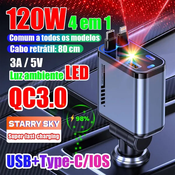 Carregador de carro 120W USB iOS Type-C 4 em 1 com LED