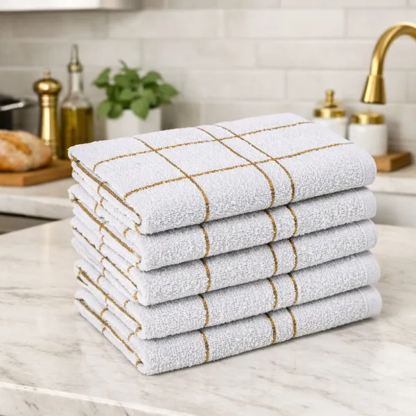 5 Pano Prato Cozinha Xadrez Branco c/ Dourado Grande Algodão Macio Laune Haus