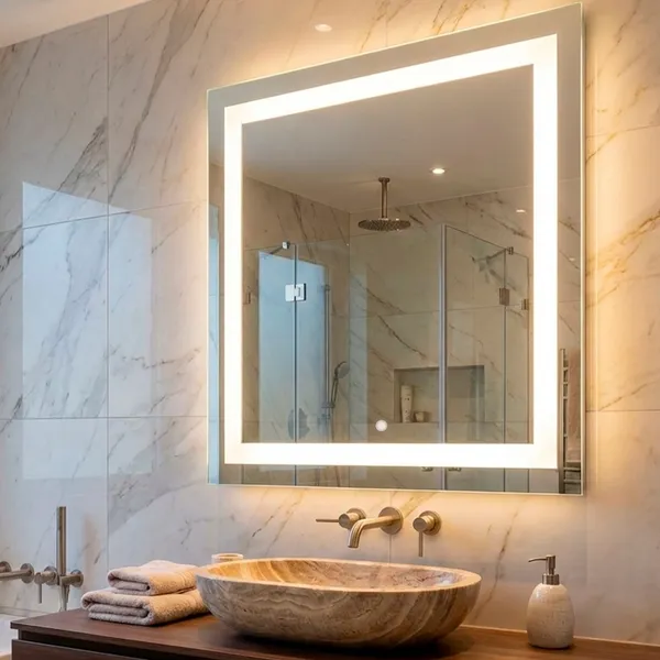 Espelho Quadrado Jateado com Led 3 Cores Touch liga e Desliga para Banheiro Maquiagem Penteadeira