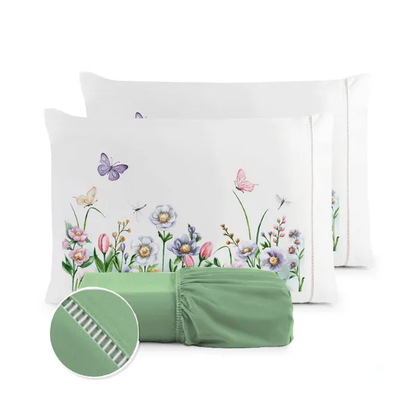 Kit Jogo de Lençol Micropercal 400 Fios Ponto Palito Fronha Estampada