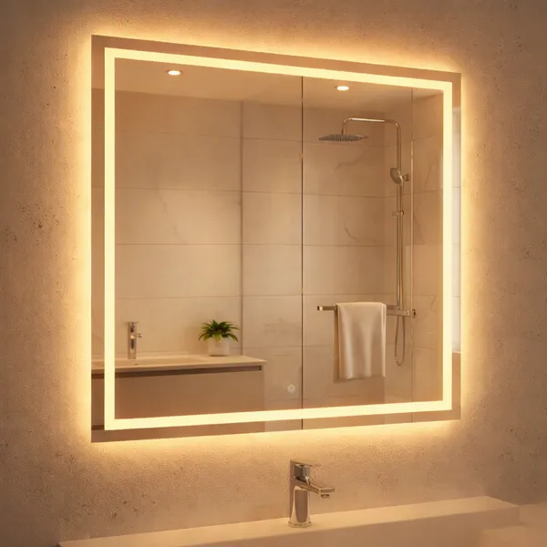 Espelho Quadrado 40x40 Jateado Fino LED 3 Cores Touch Banheiro Lavabo Quarto Luxo