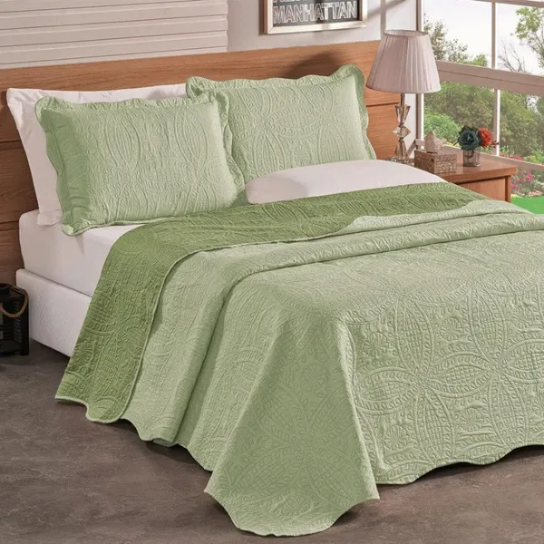 Kit Colcha Cobre Leito Casal Dupla Face 3 Peças Liso Porta Travesseiro 100% Poliéster