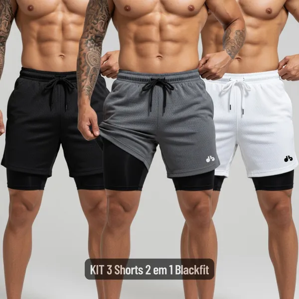 KIT 3 Shorts 2 em 1 Bermuda Compressão MasculinO Dry Fit Elastano Academia Treino Original Bordbless