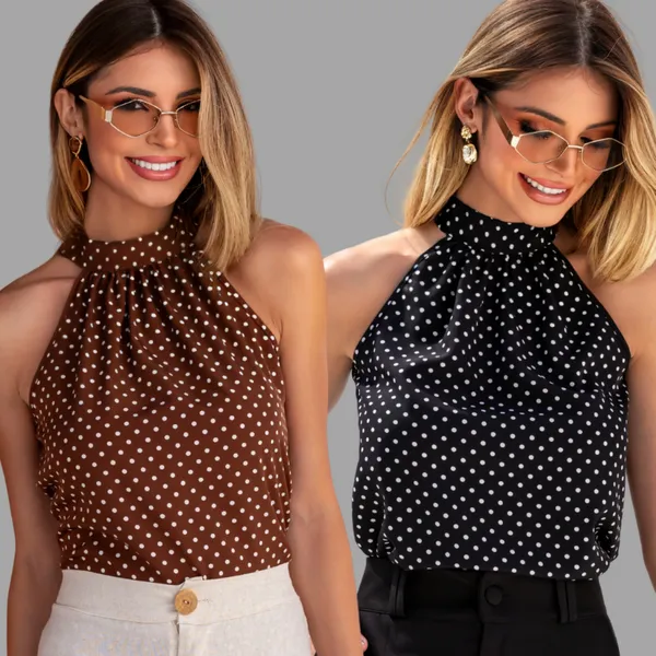 KIT 2 Blusas Femininas Regata Cava Americana Poá Bolinha Elegante Moda Verão Casual