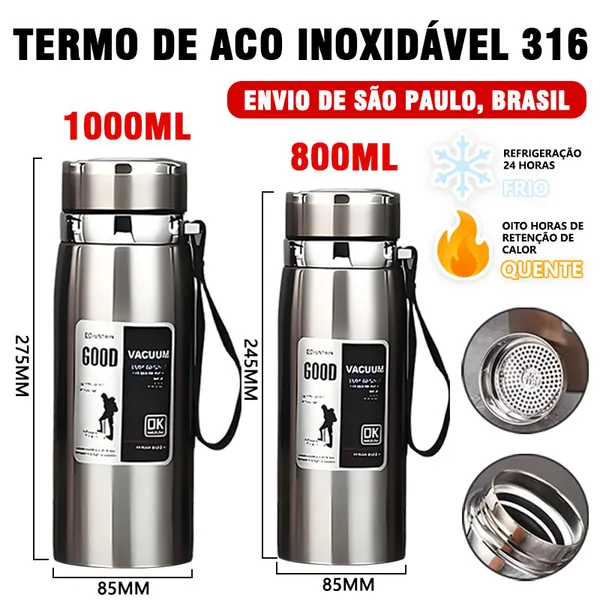 Garrafa 800ml/1000ml Inox Térmica Com Infusor Prata Dourada De Água Café Parede Dupla Com Alça-Para envio imediato