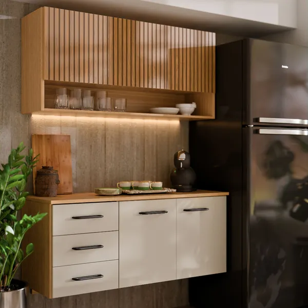 Armário de Cozinha Eliza com Balcão Aéreo 3 Gavetas Telescópicas Ripado 3D MDF MDP Moderno Compacto