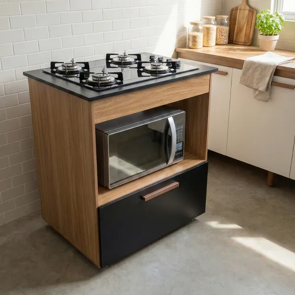 Balcão Isa Cooktop 5 Bocas Cozinha Moderna Compacta Gabinete Armário Fogão Suporte Microondas Porta