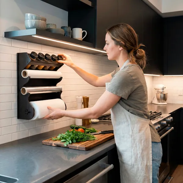 Porta Temperos Parede com 5 Potes e Porta Papel Alumínio, Papel Toalha e Papel Manteiga.