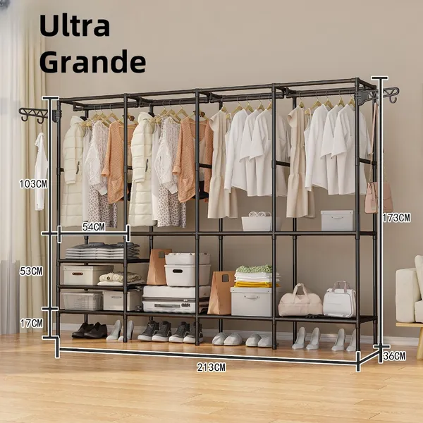 Arara de Roupa Cabideiro de Chão Sapateira Rack Organizador Multiuso, Aço Inox