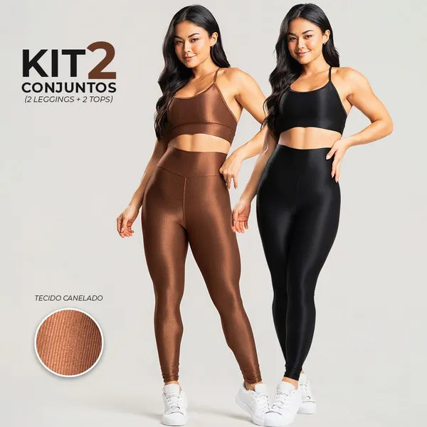 Kit 2 Conjuntos Fitness Feminino Brilhoso Canelado – Top + Legging Cós Alto Modelador Premium