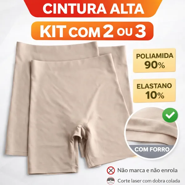Kit Com 2 e 3 Shorts Cintura Alta Poliamida Segunda Pele Com Forro, Corte laser Dobra colada