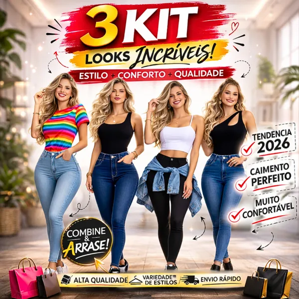 Kit 3 Calça Jeans Feminina Corte Skinny > Elastano > Conforto e Qualidade Premium > Cintura Alta