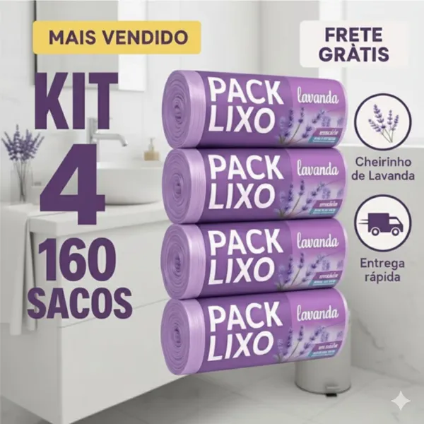 Kit 4 Sacos de Lixo Perfumados Lavanda | 160 Sacos | Pia e Banheiro | 34x38cm | Neutraliza Odores