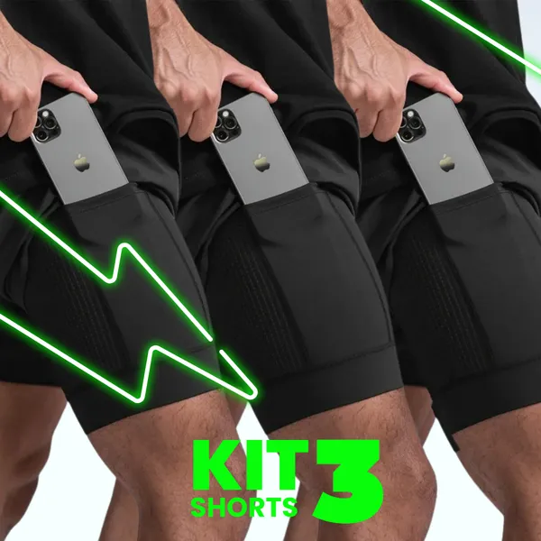 Kit 3 Shorts Masculino 2 em 1 Compressão