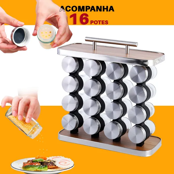 Porta Condimento Tempero - 16 Potes Vidro - Madeira - Inox - Bhz Store